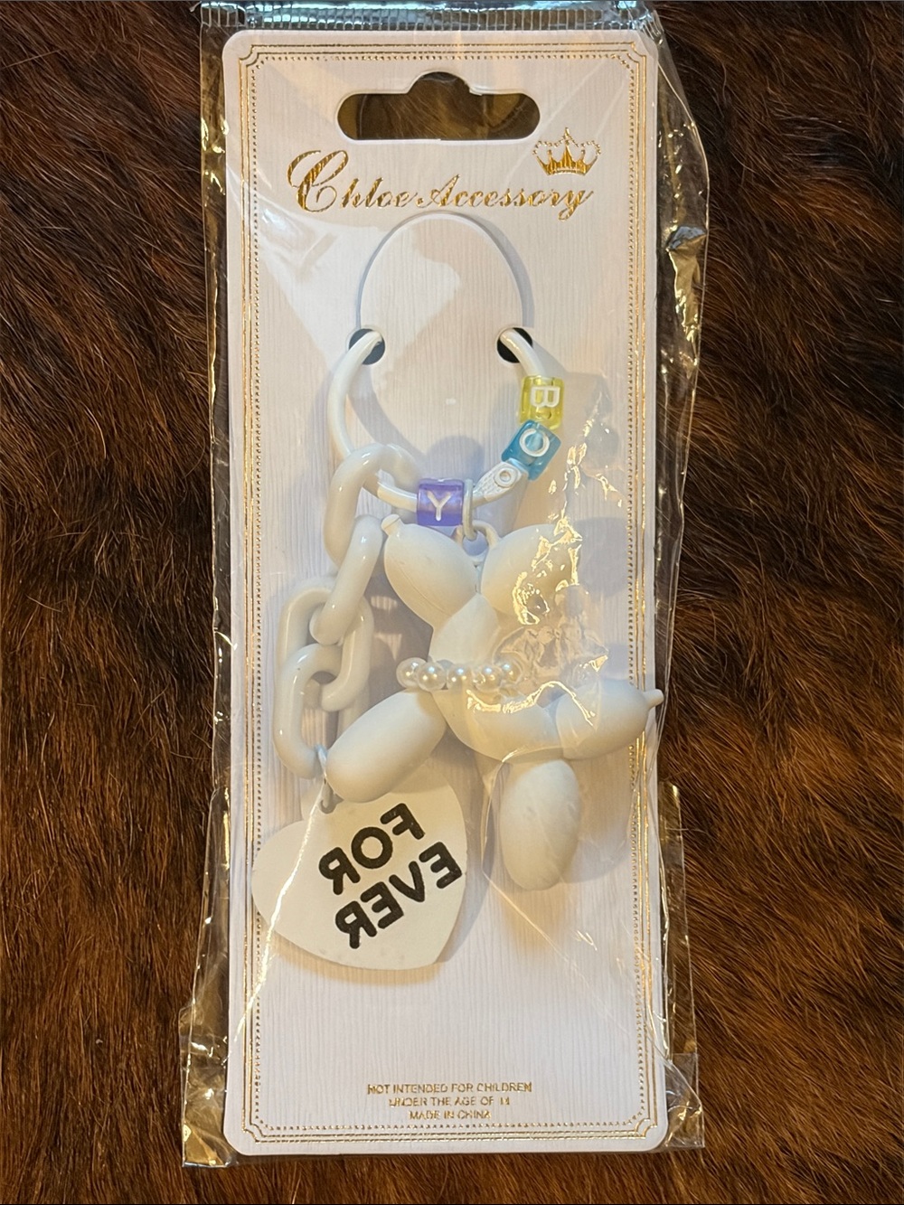 White Balloon Dog Bag Charm with Bead Lettering